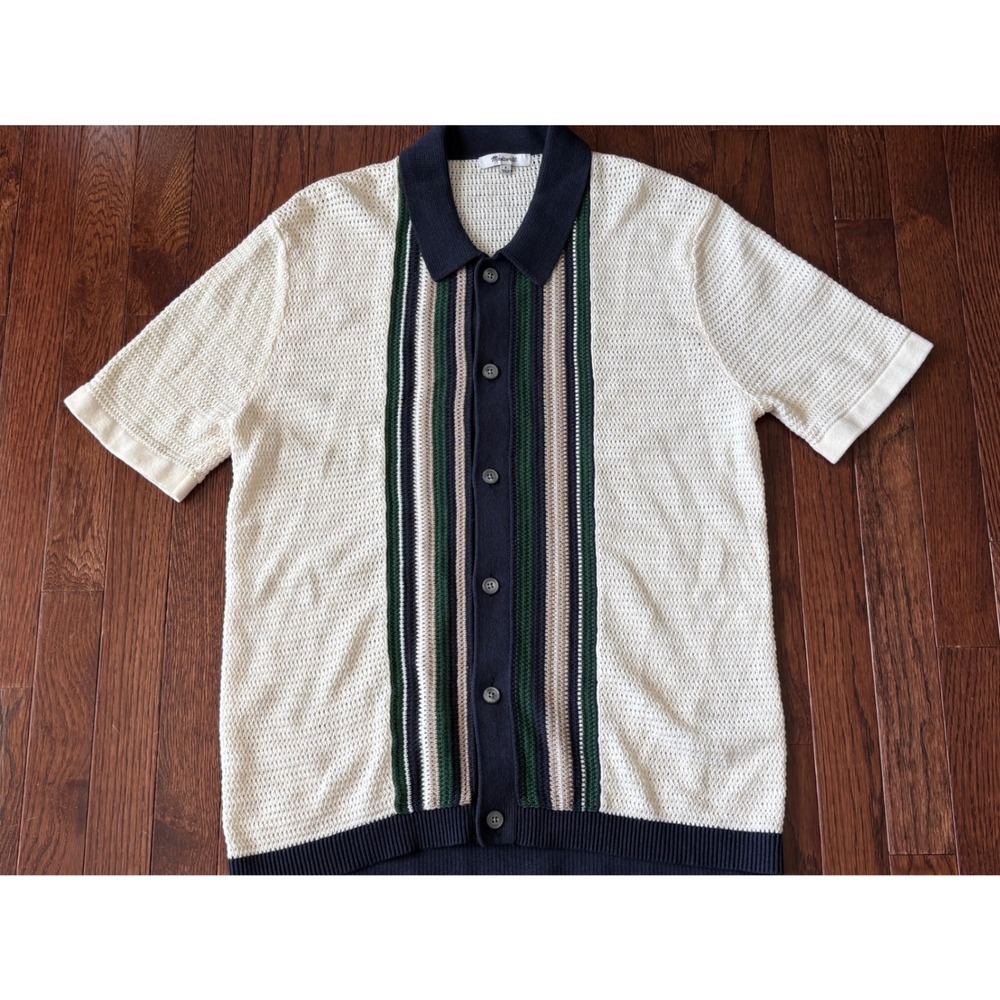 Madewell Mens S Button Up Polo Shirt Open Stitch Cotton Linen Stripe NQ371